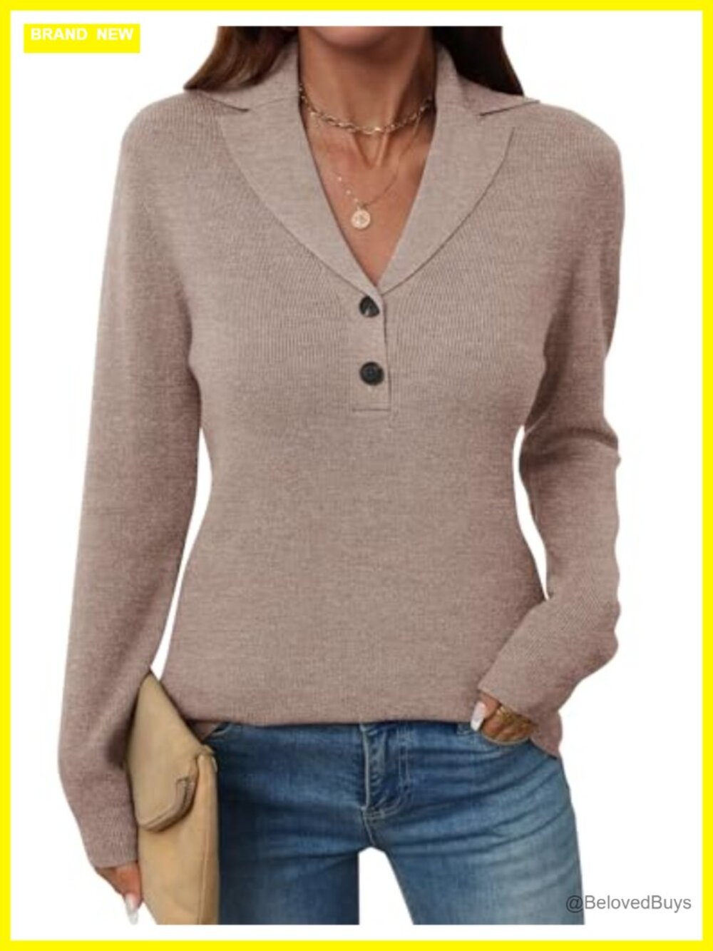 Womens Button Sweater Long Sleeve V-Neck Collared Pullover Knit